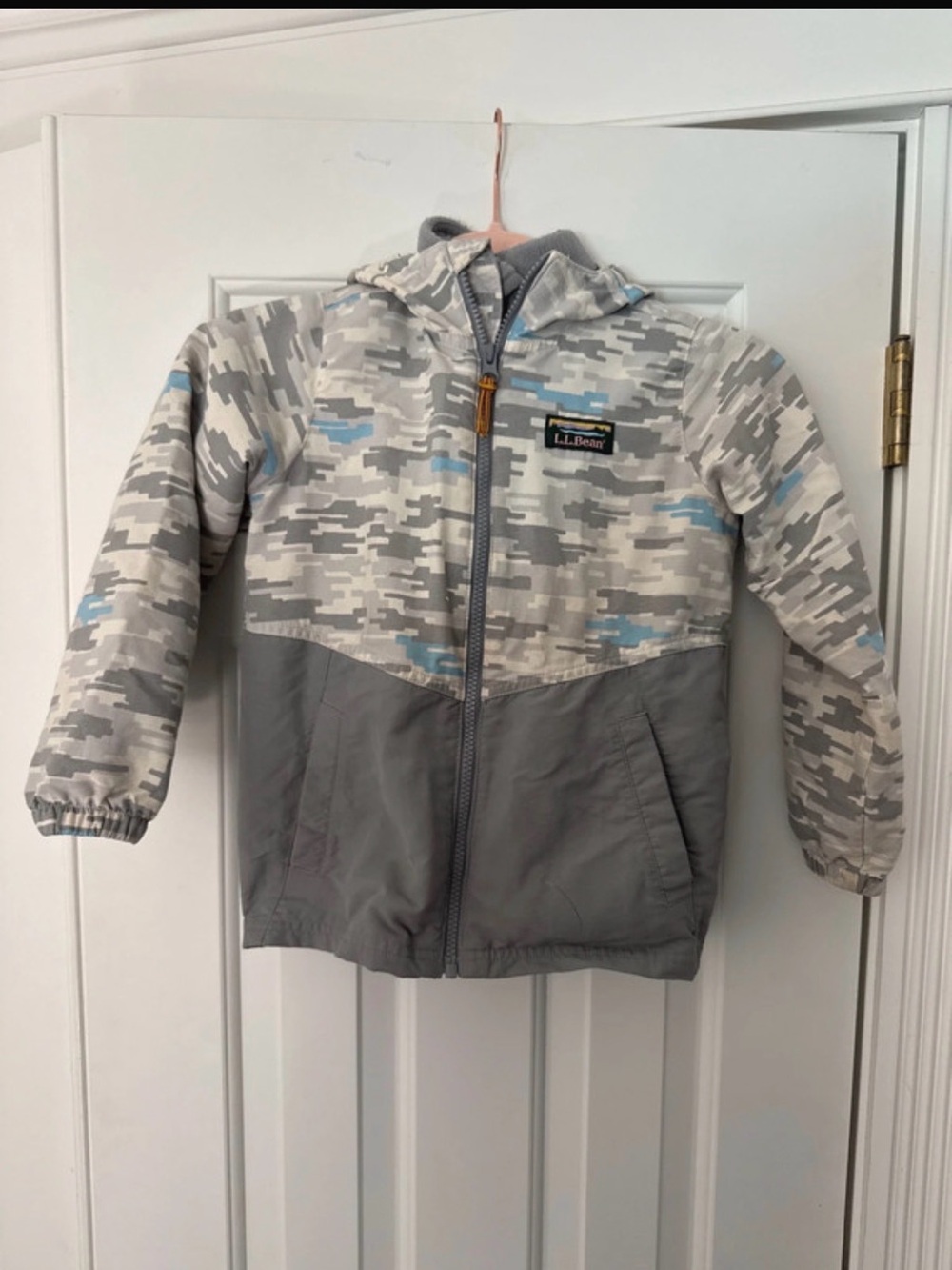 L.L. Bean Kids' Gray Digital Camo Hooded Puffer with Light Blue Accents